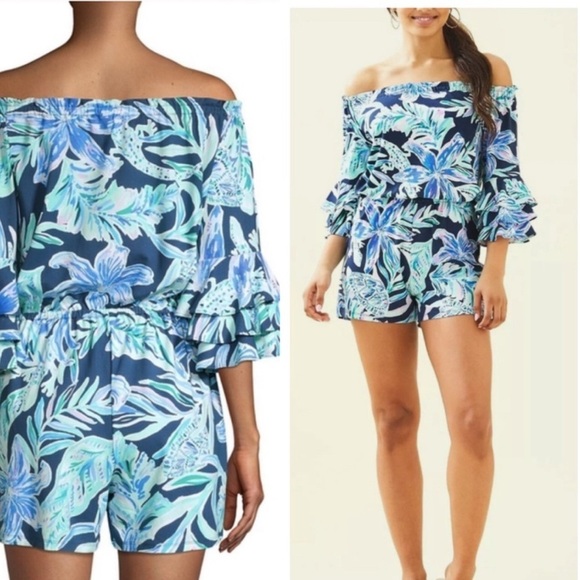 Lilly Pulitzer Blue Teal Calla Off The Shoulder Romper - Picture 1 of 14